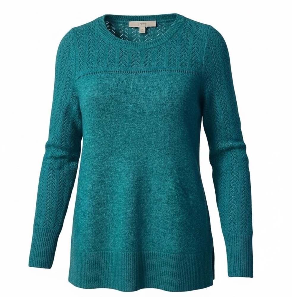 LOFT‎ Teal Pointelle Yoke Crew Neck Knit Pullover Sweater Womens Small